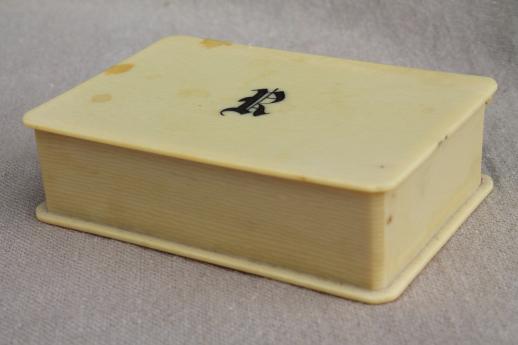 photo of tiny antique french ivory celluloid box w/ R monogram letter, early 1900s vintage #1