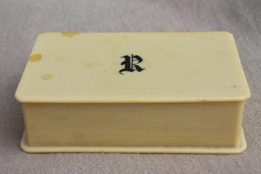 photo of tiny antique french ivory celluloid box w/ R monogram letter, early 1900s vintage #2