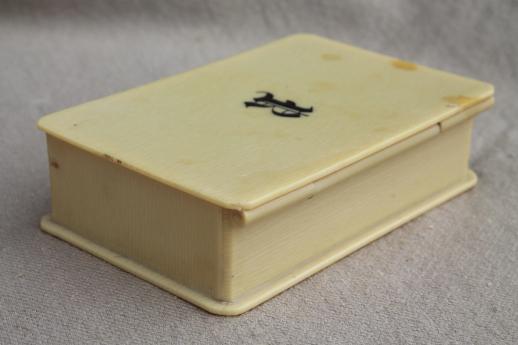 photo of tiny antique french ivory celluloid box w/ R monogram letter, early 1900s vintage #4