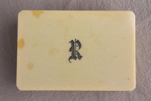 photo of tiny antique french ivory celluloid box w/ R monogram letter, early 1900s vintage #5