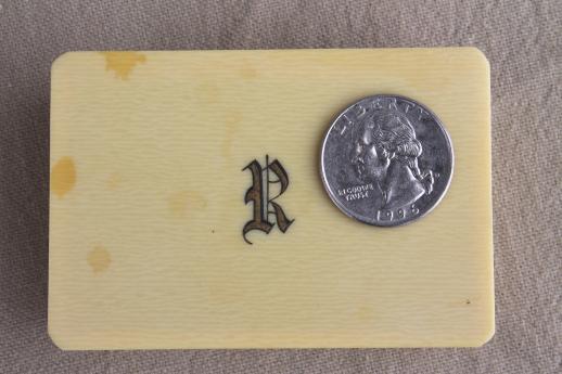 photo of tiny antique french ivory celluloid box w/ R monogram letter, early 1900s vintage #6