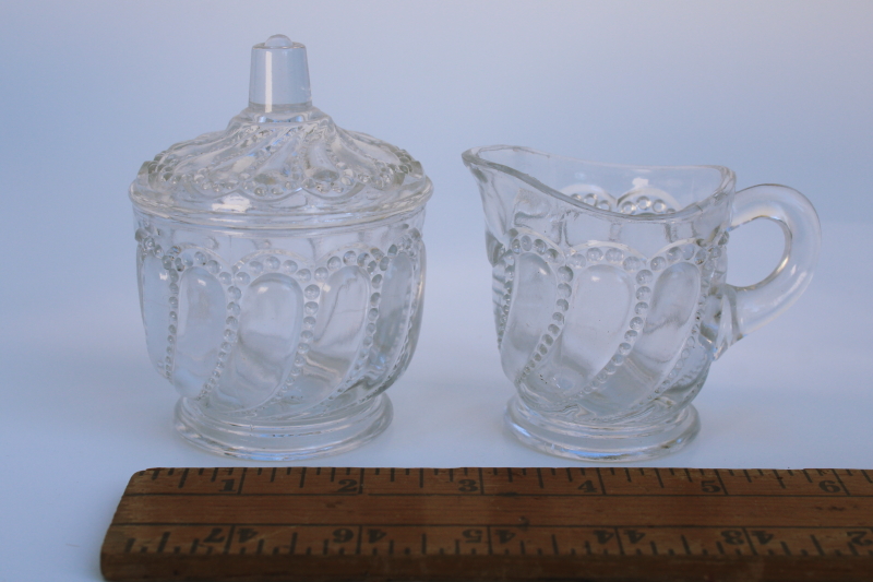 photo of tiny antique glass cream and sugar set, beaded swirl pattern pressed glass early 1900s vintage  #1