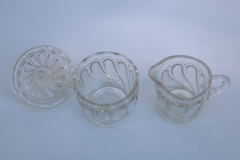 photo of tiny antique glass cream and sugar set, beaded swirl pattern pressed glass early 1900s vintage  #2