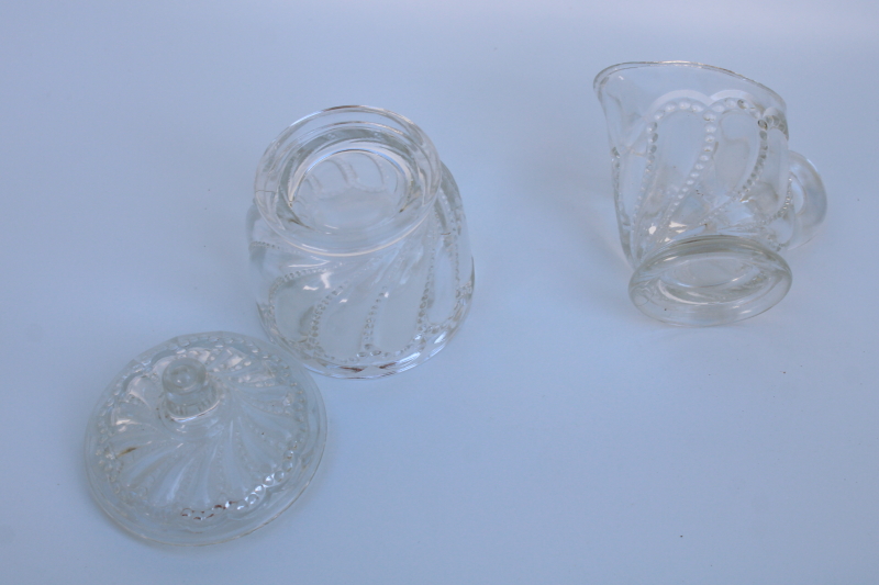 photo of tiny antique glass cream and sugar set, beaded swirl pattern pressed glass early 1900s vintage  #3