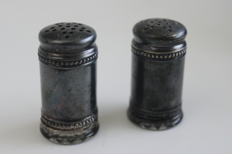 photo of tiny antique salt & pepper shakers, glass bottles with silver plate covers  #1