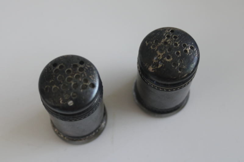 photo of tiny antique salt & pepper shakers, glass bottles with silver plate covers  #2