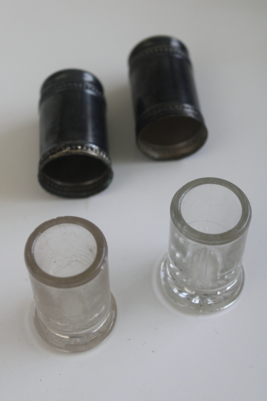 photo of tiny antique salt & pepper shakers, glass bottles with silver plate covers  #3