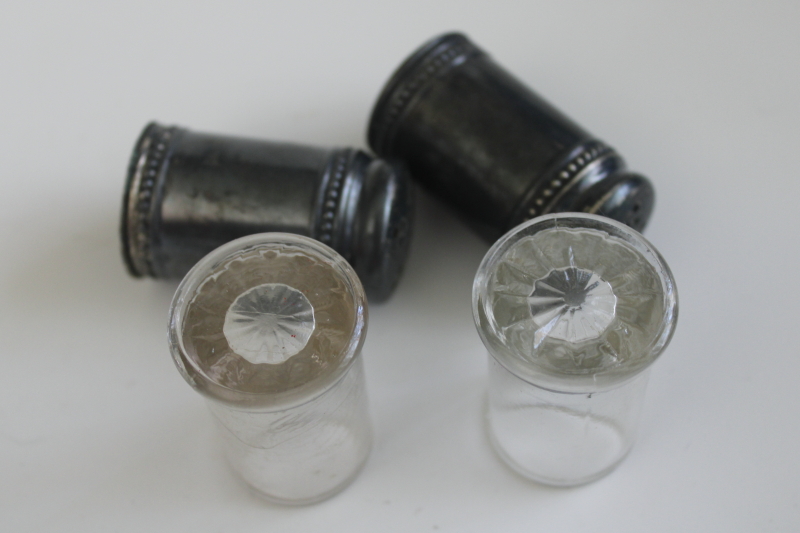 photo of tiny antique salt & pepper shakers, glass bottles with silver plate covers  #5