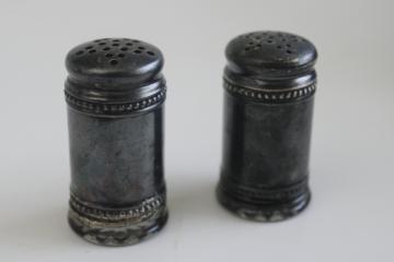 catalog photo of tiny antique salt & pepper shakers, glass bottles with silver plate covers 