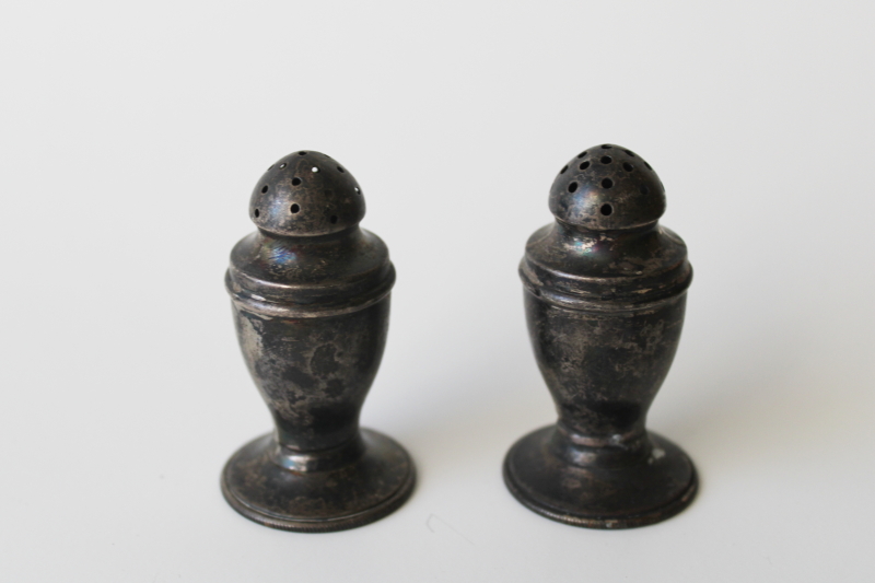 photo of tiny antique sterling silver shakers, 1920s vintage salt & pepper shaker set very tarnished  #1