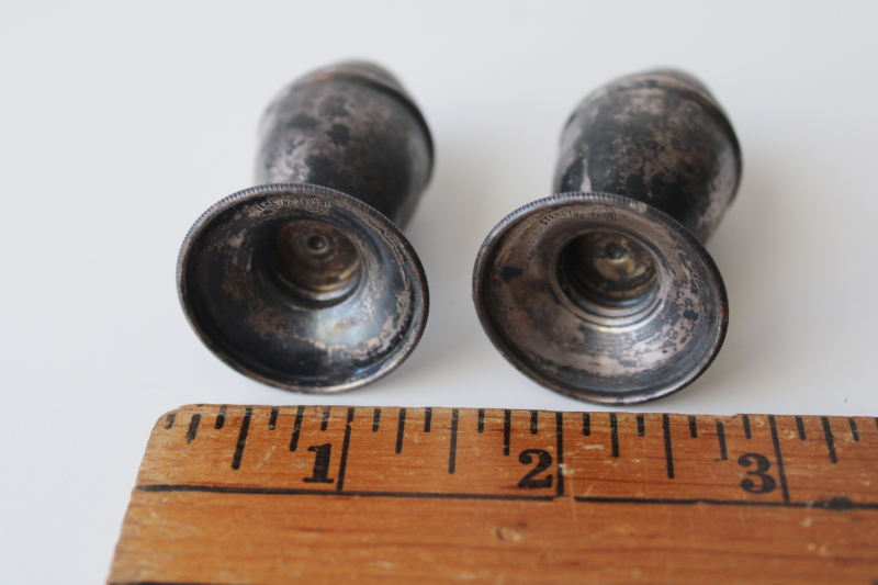 photo of tiny antique sterling silver shakers, 1920s vintage salt & pepper shaker set very tarnished  #3