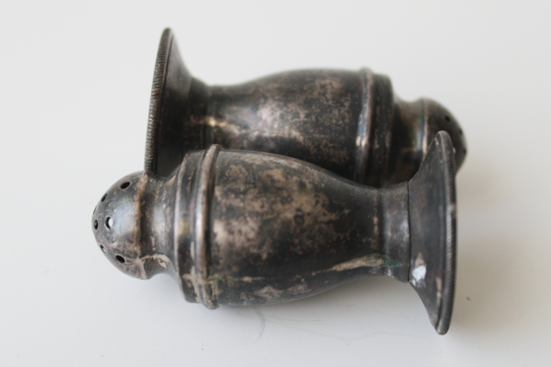 photo of tiny antique sterling silver shakers, 1920s vintage salt & pepper shaker set very tarnished  #5