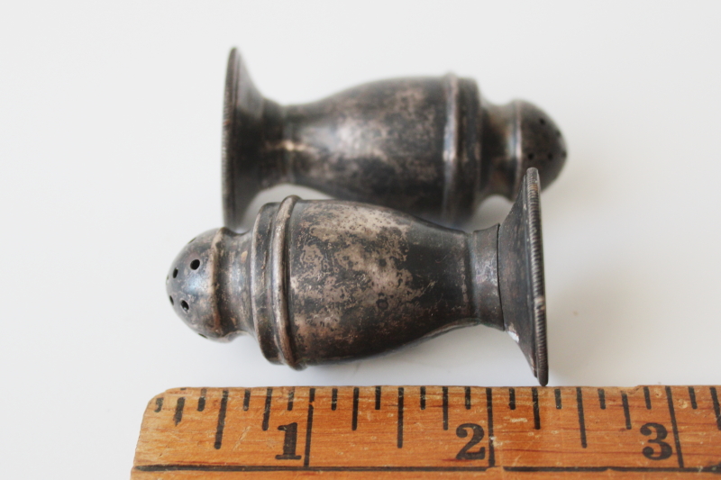 photo of tiny antique sterling silver shakers, 1920s vintage salt & pepper shaker set very tarnished  #6