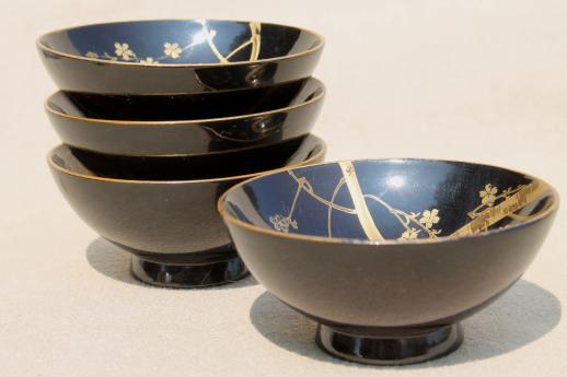 photo of tiny black & gold lacquer ware condiment bowls or sauce dishes, vintage Japan #1