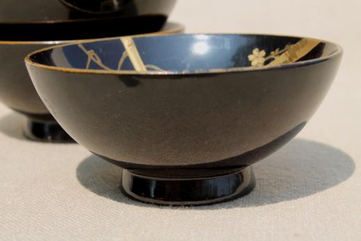 photo of tiny black & gold lacquer ware condiment bowls or sauce dishes, vintage Japan #3