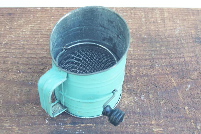 photo of tiny blue flour sifter, antique vintage farmhouse kitchen tool country primitive #3