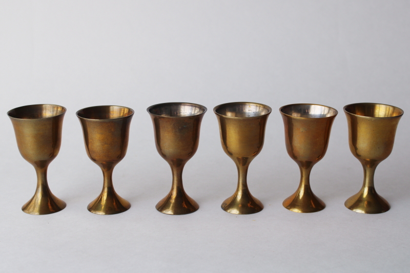 photo of tiny brass goblets, drinking glasses or candle holders, tarnished vintage brass made in India  #1