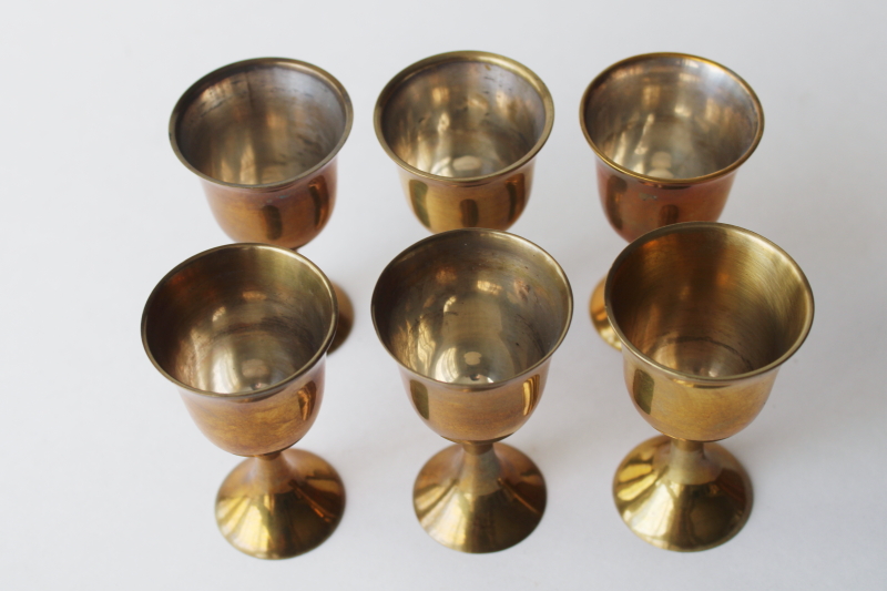 photo of tiny brass goblets, drinking glasses or candle holders, tarnished vintage brass made in India  #2