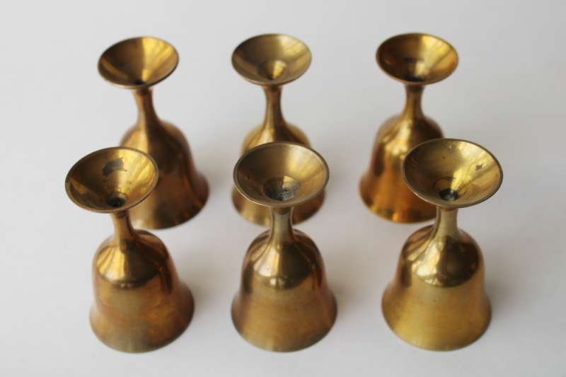 photo of tiny brass goblets, drinking glasses or candle holders, tarnished vintage brass made in India  #3