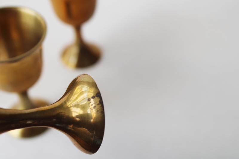 photo of tiny brass goblets, drinking glasses or candle holders, tarnished vintage brass made in India  #5