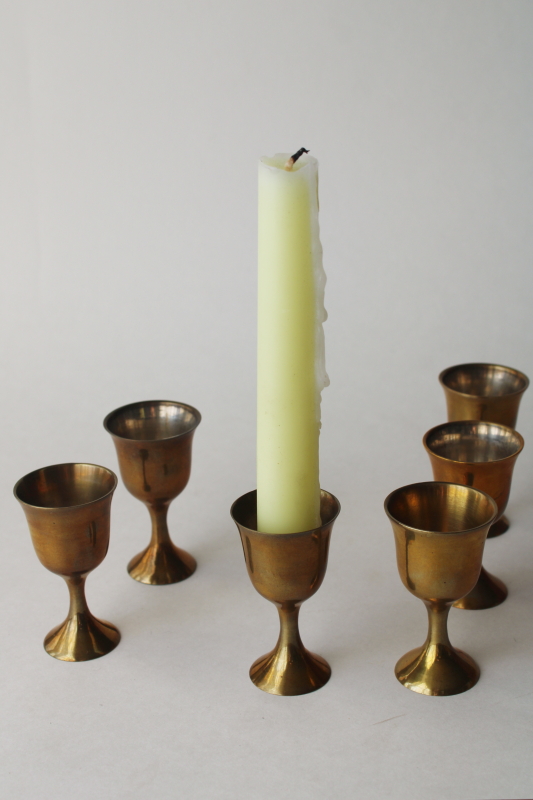 photo of tiny brass goblets, drinking glasses or candle holders, tarnished vintage brass made in India  #7