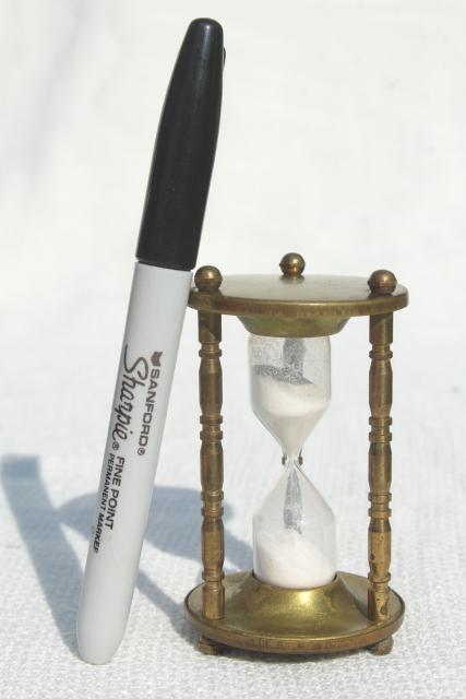 photo of tiny brass hourglass made in England, five minute timer, vintage kitchen timer #4