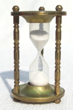 catalog photo of tiny brass hourglass made in England, five minute timer, vintage kitchen timer