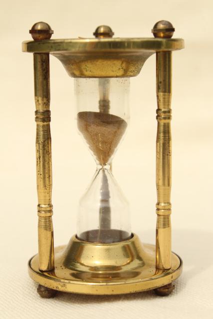 photo of tiny brass hourglass made in England, three minute egg timer, vintage kitchen timer #1