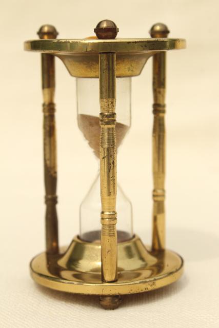 photo of tiny brass hourglass made in England, three minute egg timer, vintage kitchen timer #2