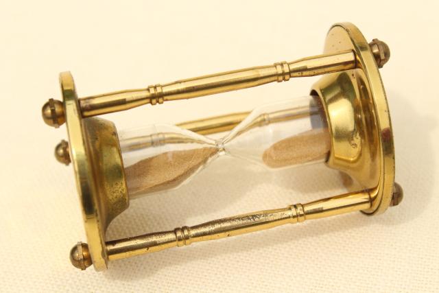 photo of tiny brass hourglass made in England, three minute egg timer, vintage kitchen timer #5