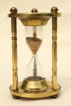 catalog photo of tiny brass hourglass made in England, three minute egg timer, vintage kitchen timer