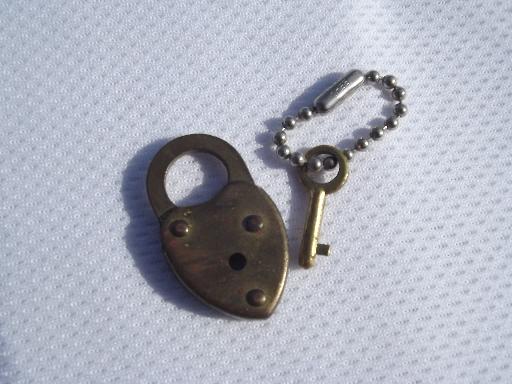 photo of tiny brass padlock, heart shaped lock & key for jewelry box or diary #3
