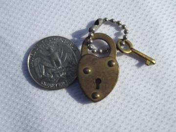 catalog photo of tiny brass padlock, heart shaped lock & key for jewelry box or diary