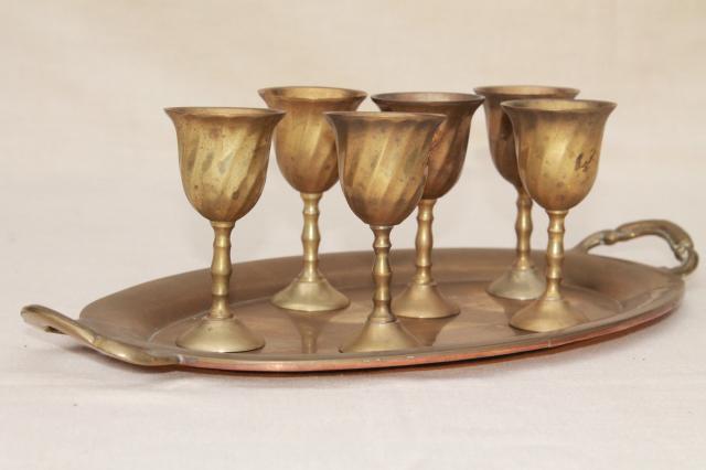 photo of tiny brass wine glasses, set of vintage goblets on solid brass tray Mexico mark #1