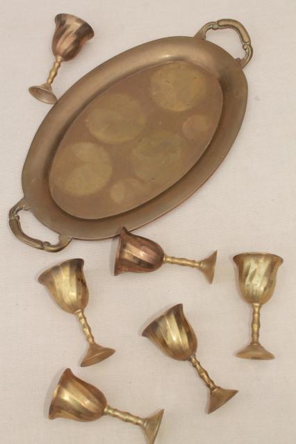 photo of tiny brass wine glasses, set of vintage goblets on solid brass tray Mexico mark #4