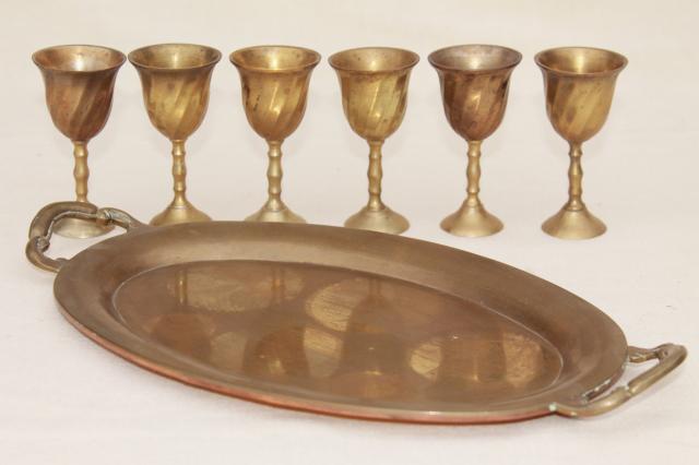 photo of tiny brass wine glasses, set of vintage goblets on solid brass tray Mexico mark #5