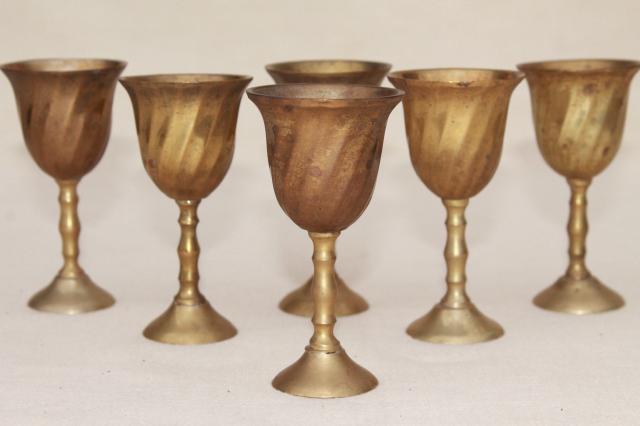 photo of tiny brass wine glasses, set of vintage goblets on solid brass tray Mexico mark #9