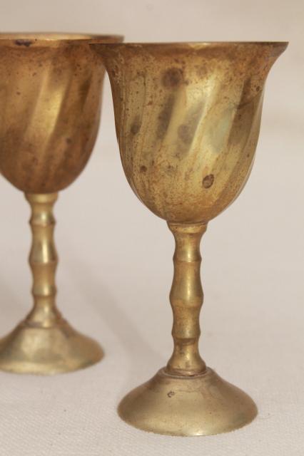 photo of tiny brass wine glasses, set of vintage goblets on solid brass tray Mexico mark #10