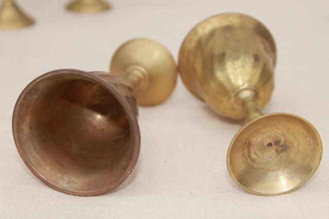 photo of tiny brass wine glasses, set of vintage goblets on solid brass tray Mexico mark #11