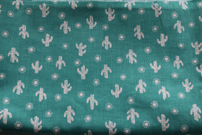 photo of tiny cacti print teal green cotton quilting fabric, saguaro cactus vintage VIP Cranston #1