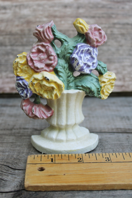 photo of tiny cast iron doorstop, chippy paint bouquet of flowers vintage door stop  #3
