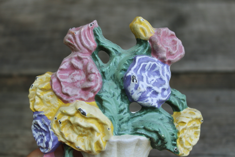photo of tiny cast iron doorstop, chippy paint bouquet of flowers vintage door stop  #5