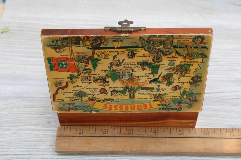 photo of tiny cedar chest trinket box, vintage souvenir of Tennessee road trip w/ post card map print #3