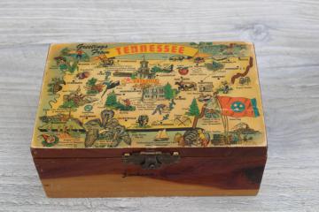 photo of tiny cedar chest trinket box, vintage souvenir of Tennessee road trip w/ post card map print