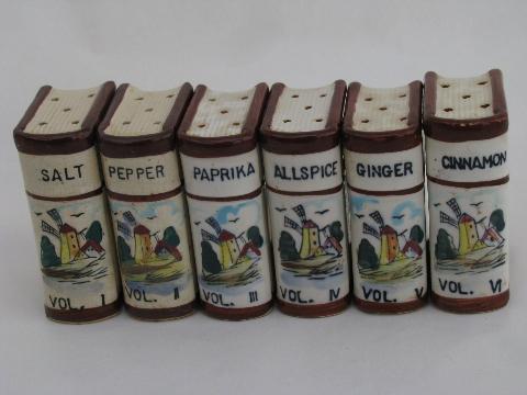 photo of tiny china books old kitchen spice canisters set, vintage hand-painted Japan #1