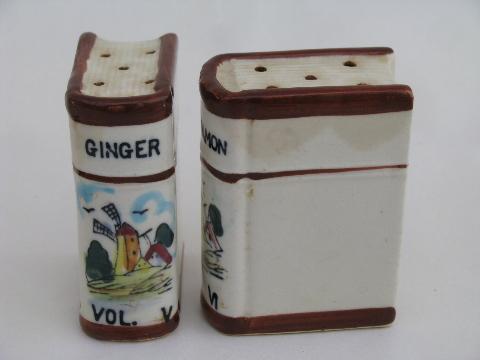 photo of tiny china books old kitchen spice canisters set, vintage hand-painted Japan #2