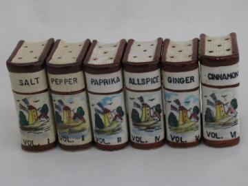 catalog photo of tiny china books old kitchen spice canisters set, vintage hand-painted Japan