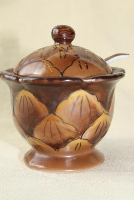 photo of tiny china jam pot, little brown pinecone jar w/ spoon hand painted Made in Japan #1