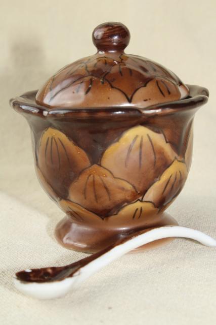 photo of tiny china jam pot, little brown pinecone jar w/ spoon hand painted Made in Japan #3