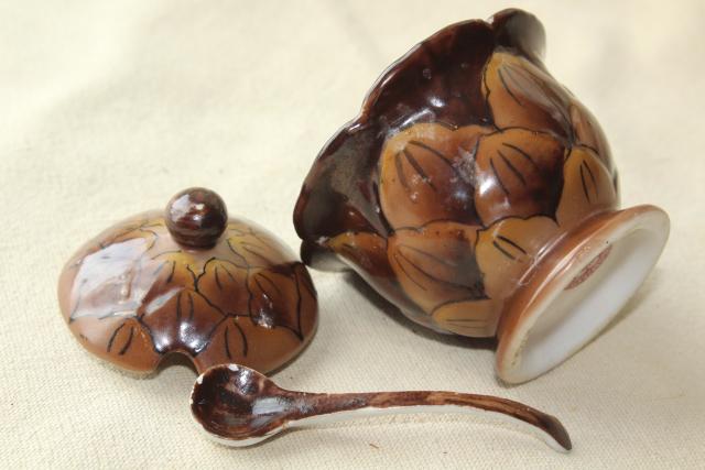 photo of tiny china jam pot, little brown pinecone jar w/ spoon hand painted Made in Japan #4